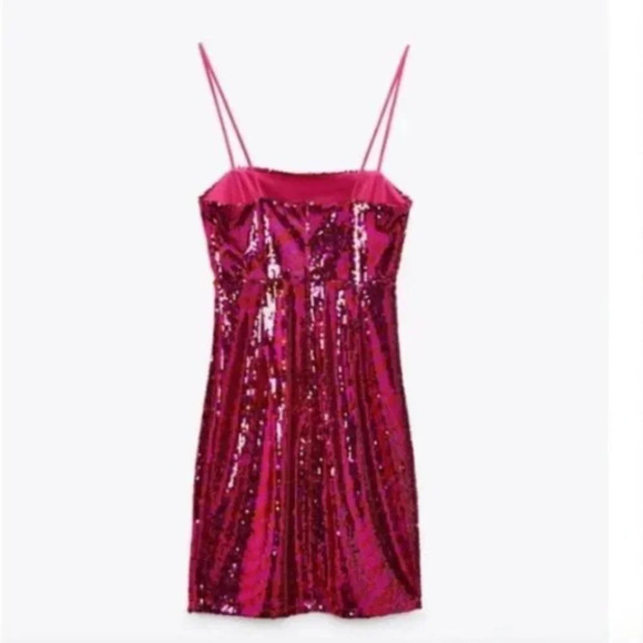 Zara Sequin Mini Dress Dark Fuchsia Red Pink NWT Size Medium Blogger Fav - Picture 6 of 13